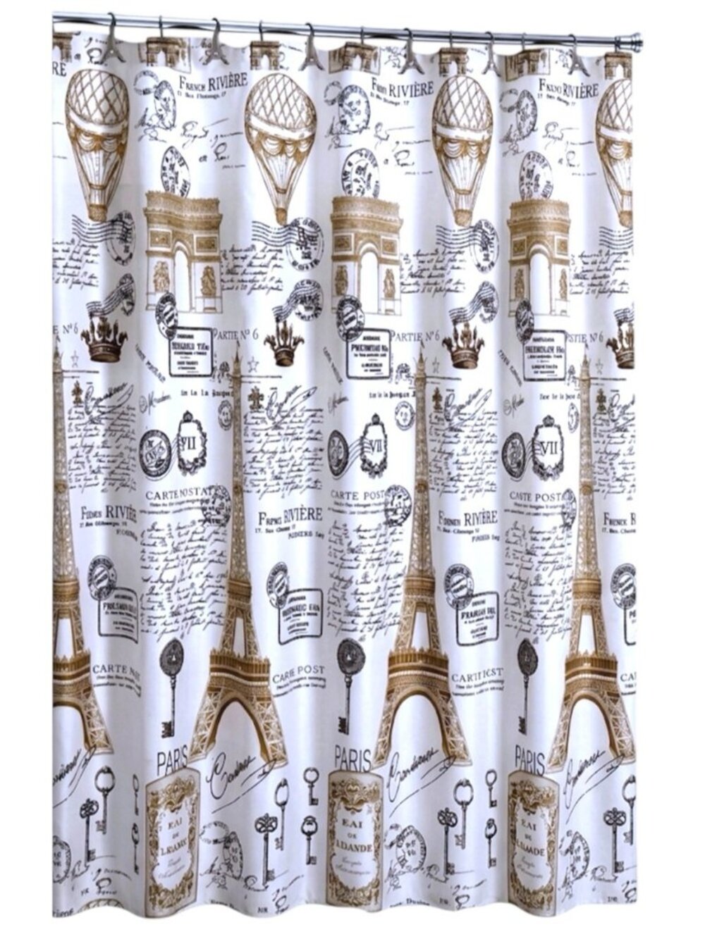 Paris Eiffel Tower Material Fabric Shower Curtain White Gold 70’x 72” NEW